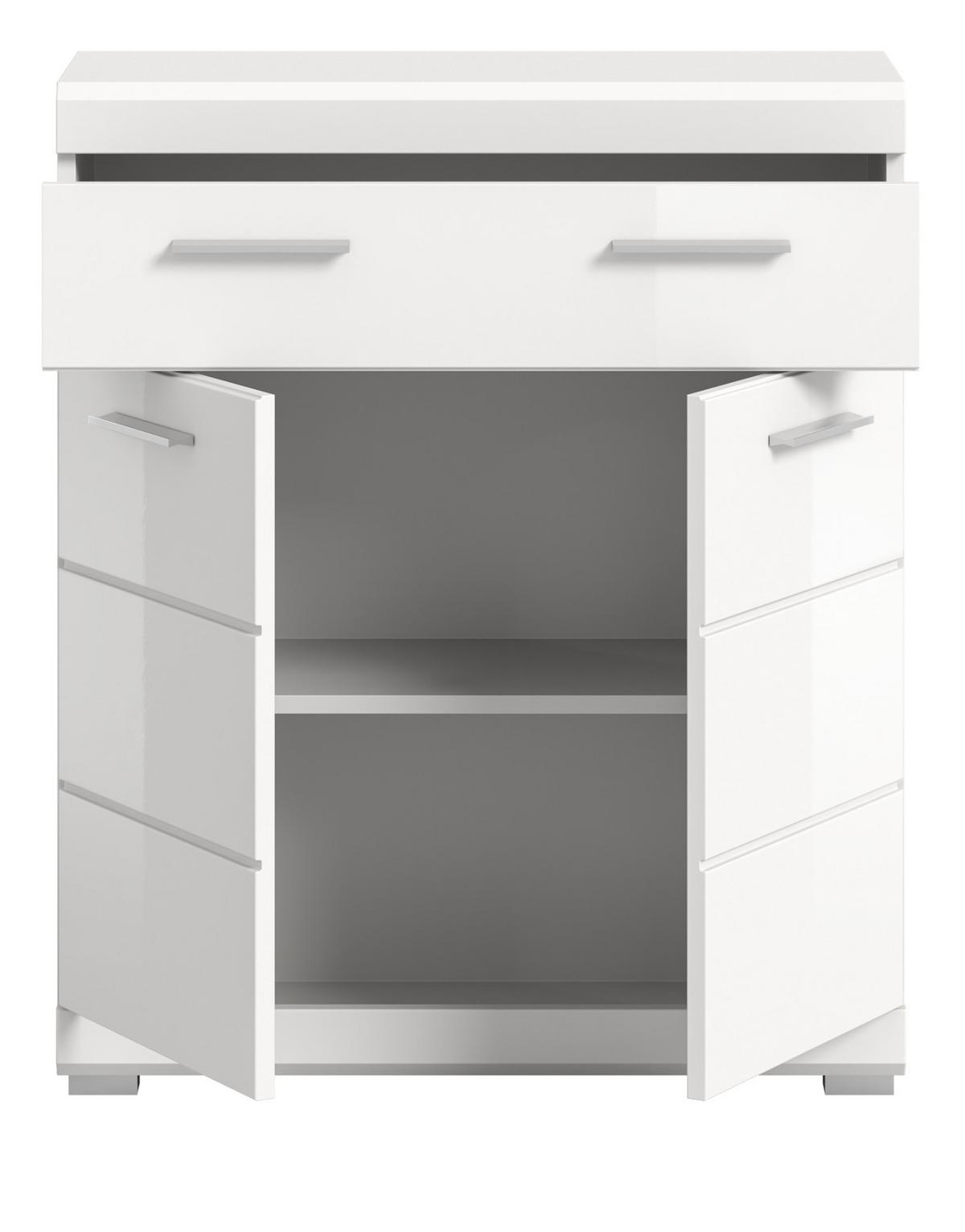 BADKOMMODE weiß Hochglanz 74 x 88 cm, Badschrank 2-türig mit Vollauszug Schubkasten - Weiß Hochglanz/Silberfarben, Holzwerkstoff/Kunststoff (74/88/31cm) - Inn.Furn