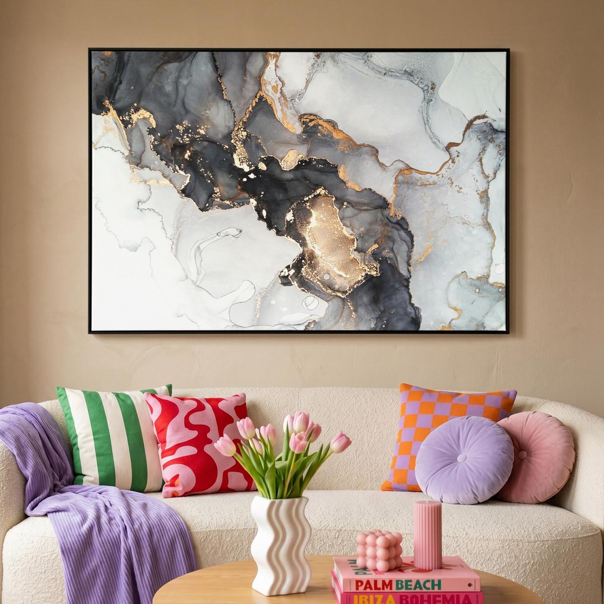 LEINWAND Bilder mit Rahmen - Marmor - Schwarz - Weiß - Gold - Luxus - Abstrakt - 140x90 - Goldfarben, Textil (140/90cm) - MuchoWow