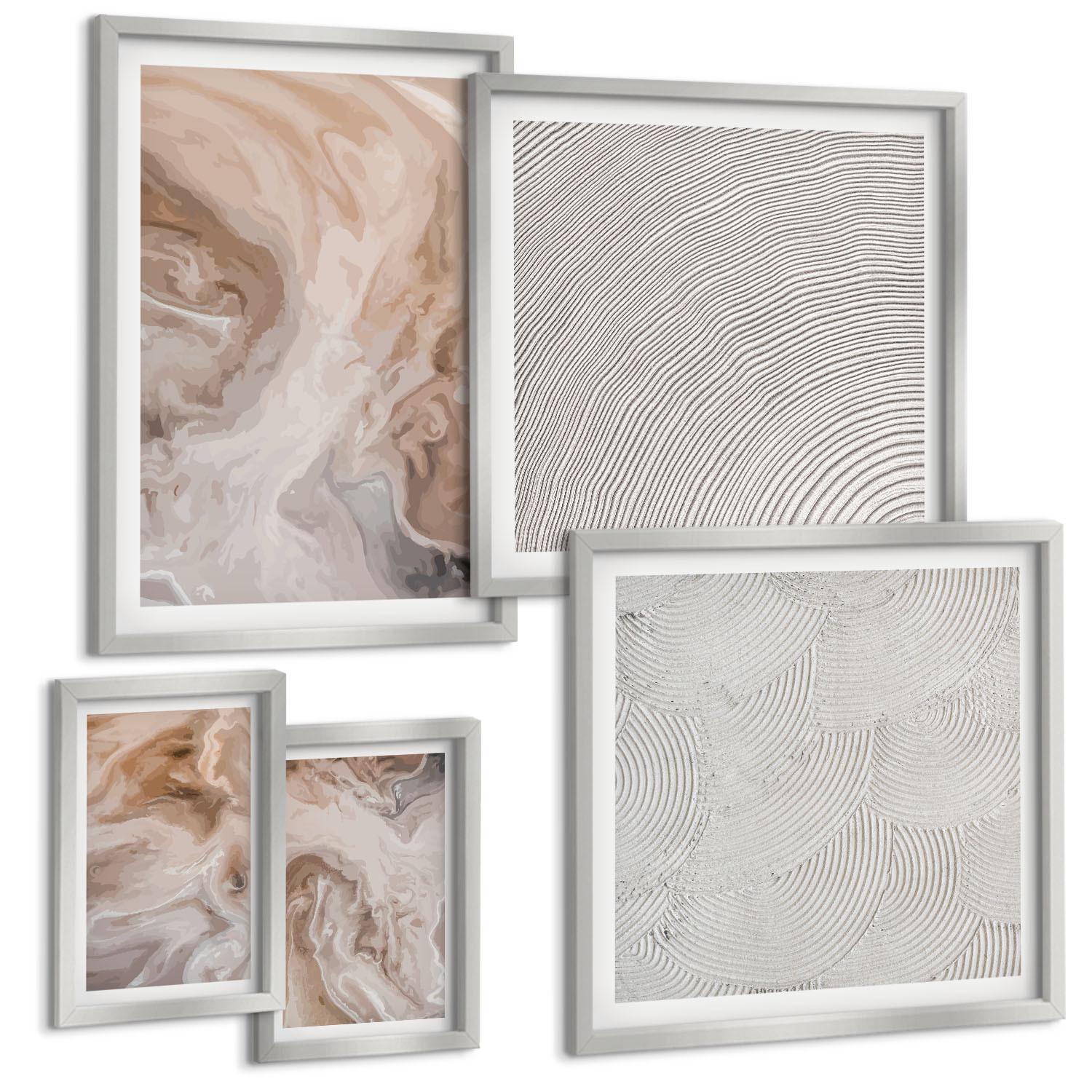 BILDER SET 5er Set - 50x50 cm & 20x30 cm & 40x60 cm Silberner Rahmen - Marmorstein-Texturmuster - Silberfarben, Kunststoff (40/60cm) - TULUP