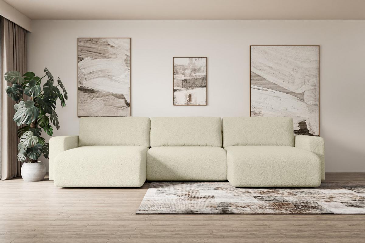 WOHNLANDSCHAFT mit Schlaffunktion und Bettkasten KLEEA-U - 347x143x83 cm Beige Bouclé - Beige/Schwarz, Holzwerkstoff/Kunststoff (347/83/143cm) - ALTDECOR