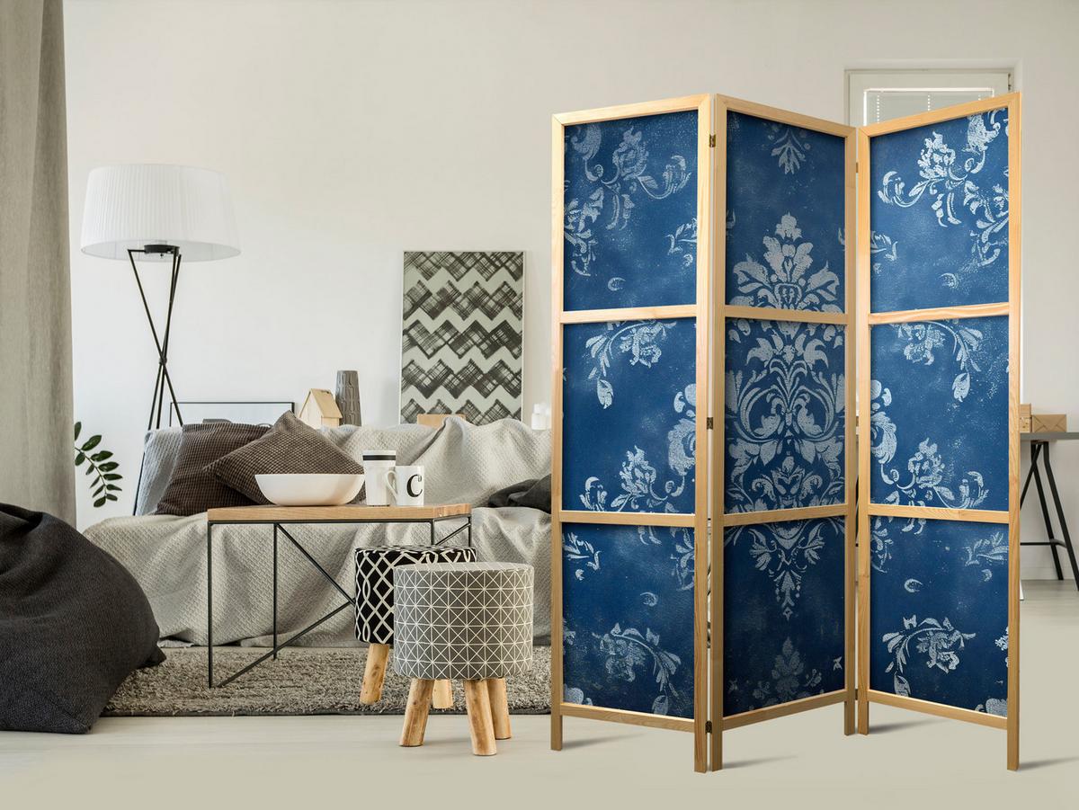 PARAVENT Japanischer 3-tlg 135x172 cm Vintage Ornamente - Blau, Holz/Textil (135/172/3cm) - Muralo