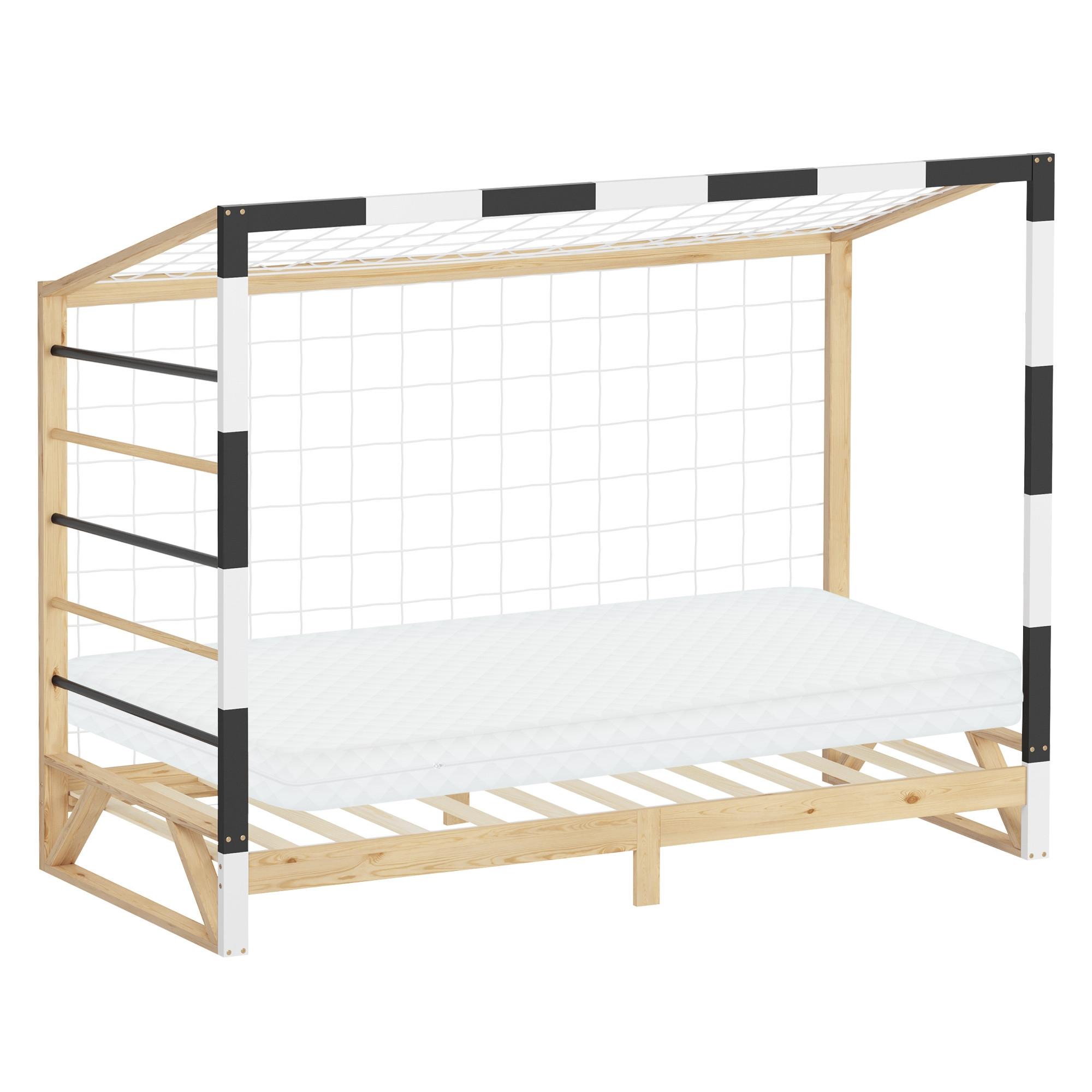 KINDERBETT Fußballtor mit Matratze 90 x 200 cm Schwarz-Weiß Kiefernholz - Naturfarben, Holz (90/200cm) - ML-DESIGN
