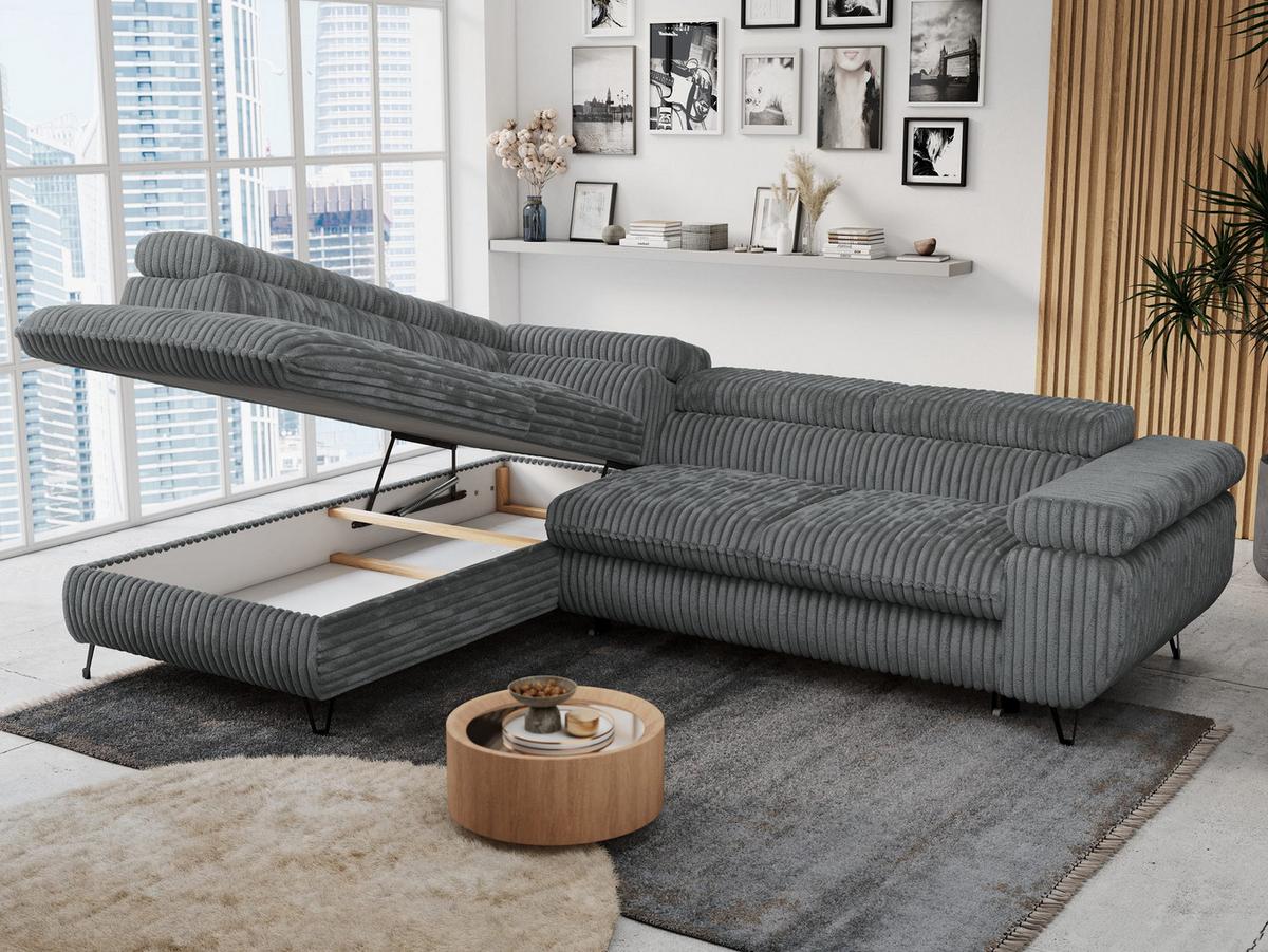 ECKSOFA PETER L Dunkelgrau Cord - Links Seite - Dunkelgrau/Schwarz, Textil/Metall (208/273cm) - MKS