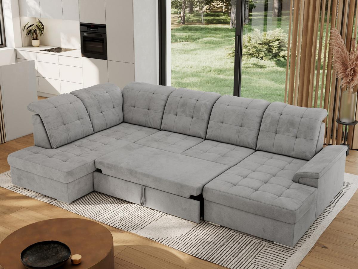 WOHNLANDSCHAFT MADRITO U - Hellgrau Velorus - Links - Silberfarben/Hellgrau, Textil/Metall (204/89/323cm) - MKS