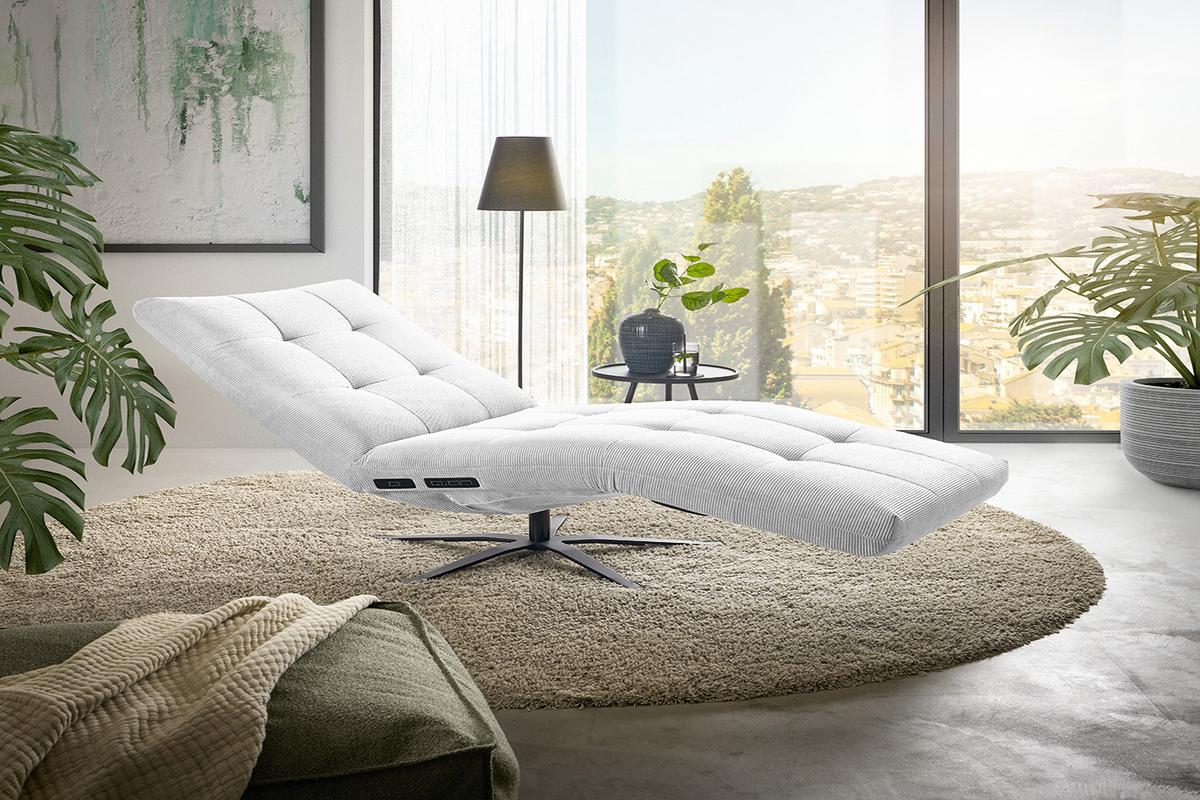 RELAXLIEGE LETICIA Weiß Cord Drehbar (360°), Relaxfunktion - Schwarz/Weiß, Textil/Metall (82/115/156cm) - KAWOLA