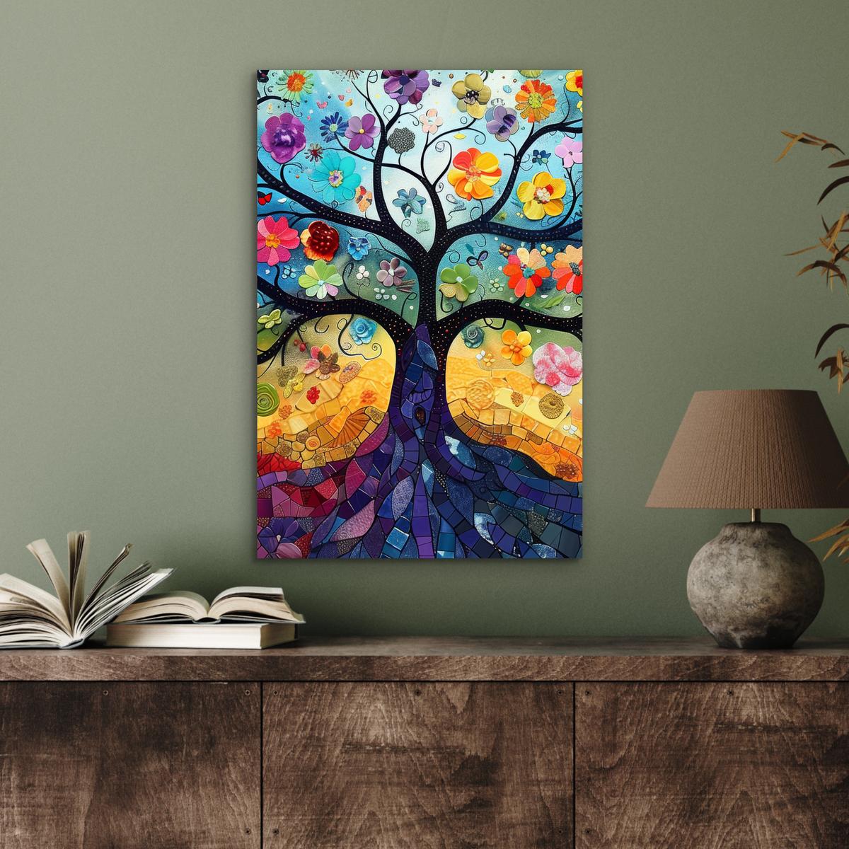 METALLBILD Kunst - Baum des Lebens - Blumen - Hippie Deko Schlafzimmer 40x60 cm - Dunkelblau, Metall (40/60cm) - MuchoWow