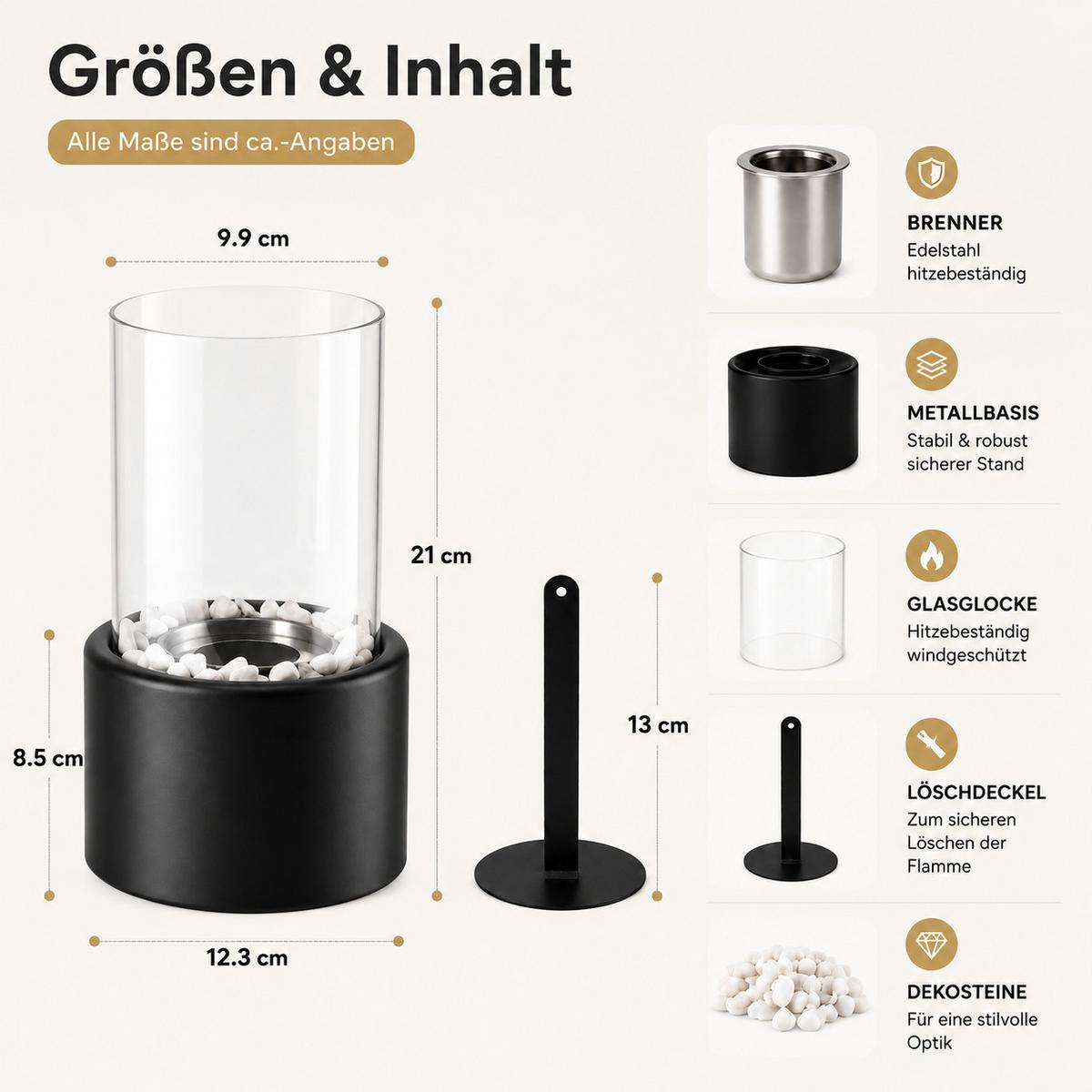 TISCHKAMIN Eryxvar 12.3/9.9/21 cm - Schwarz, Glas/Metall (9.9/21/12.3cm) - ZMH
