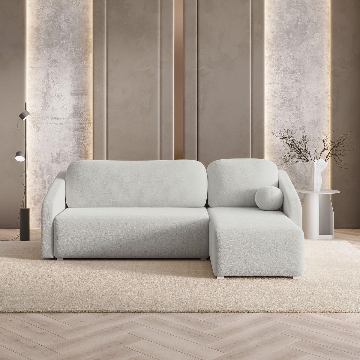 ECKSOFA MARELLO Hellgrau Boucle-Stoff mit Schlaffunktion - Hellgrau, Holz (220/143cm) - MASSENO