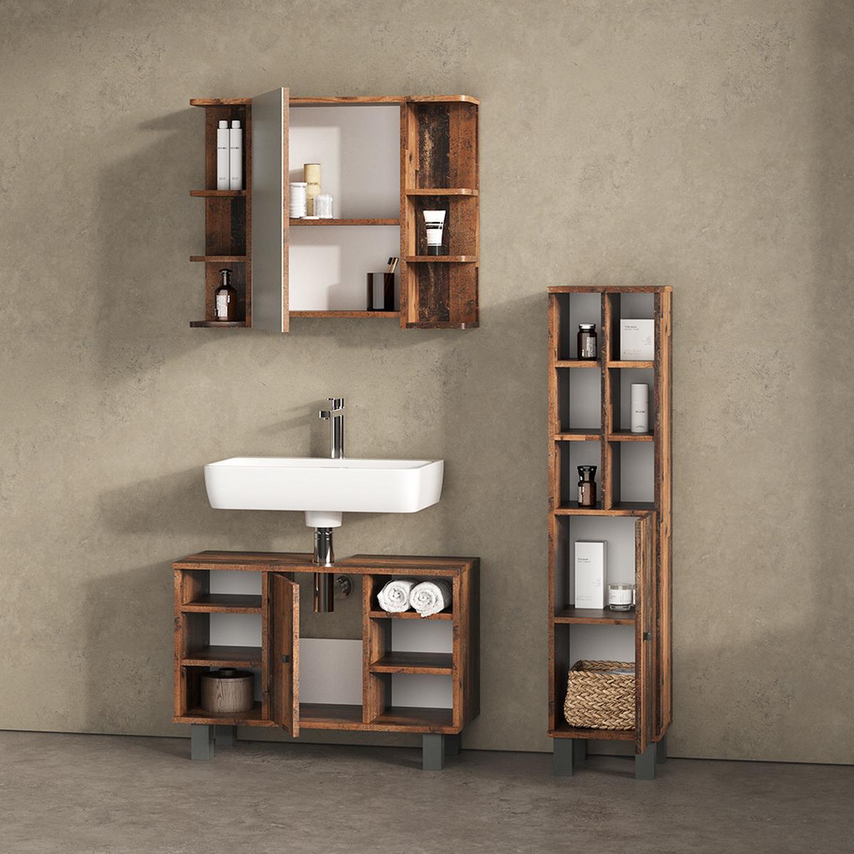 BADMÖBEL-SET Fucino Eiche rustikal 3 Teile, mit Midischrank Tür groß - Wildeiche, Holzwerkstoff (80/54/32cm) - Livinity®
