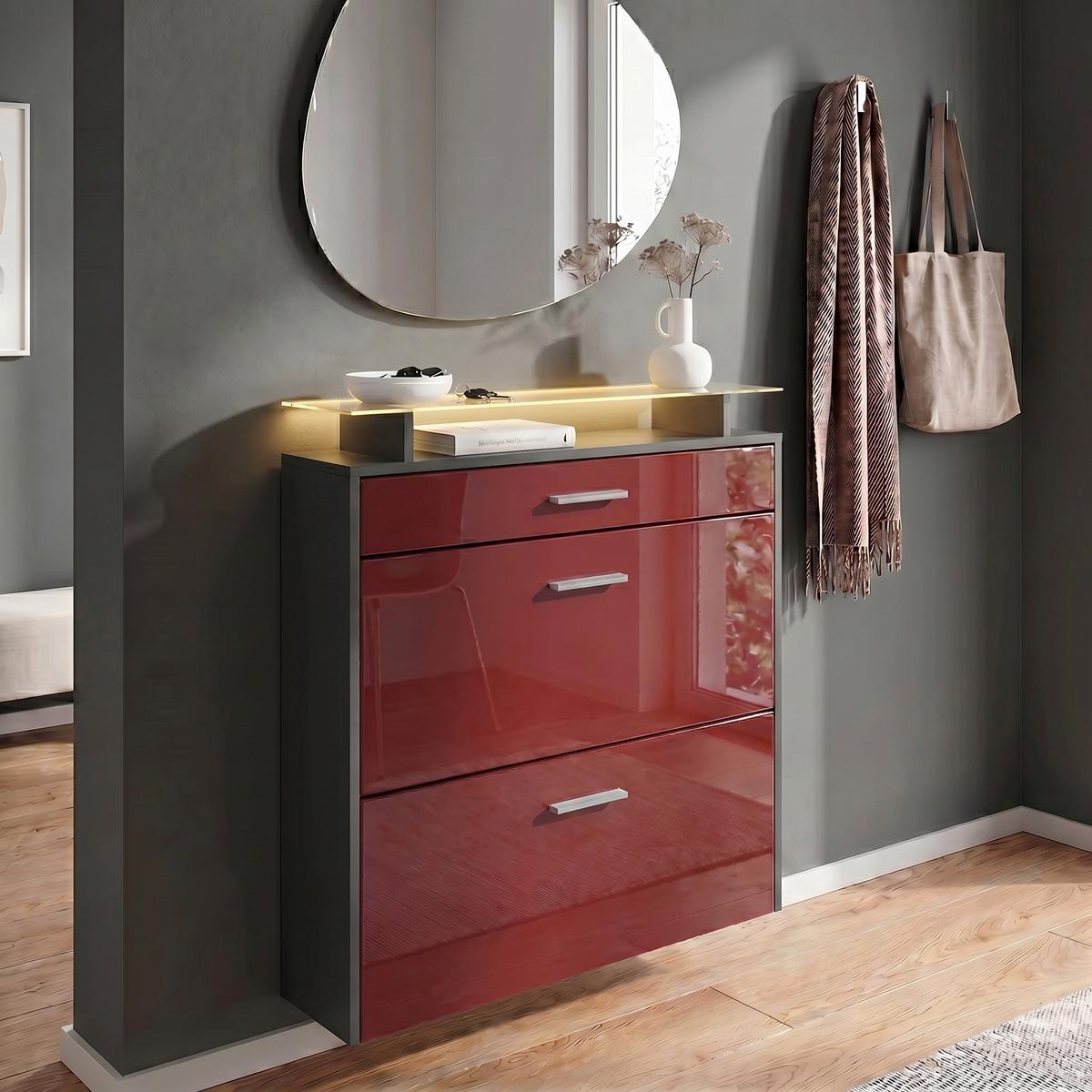 SCHUHSCHRANK Malea Fronten in Bordeaux Hochglanz - Bordeaux, Holzwerkstoff (89/96/23cm) - Vladon