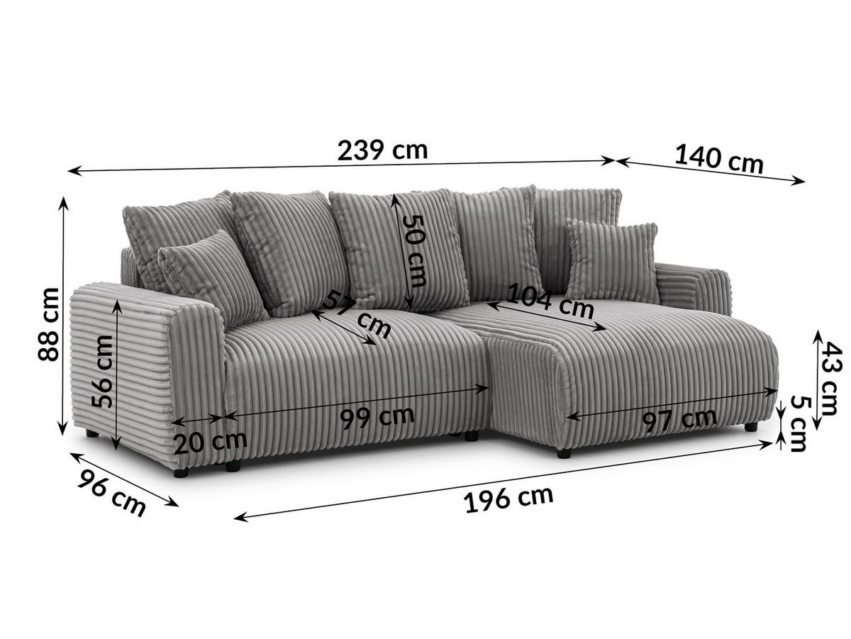 ECKSOFA Calma mit Schlaffunktion und Bettkasten im Bumpy-Design aus weichem Grau Plüschcord - Ottomane rechts - Schwarz/Grau, Holz/Kunststoff (140/239cm) - S-Style