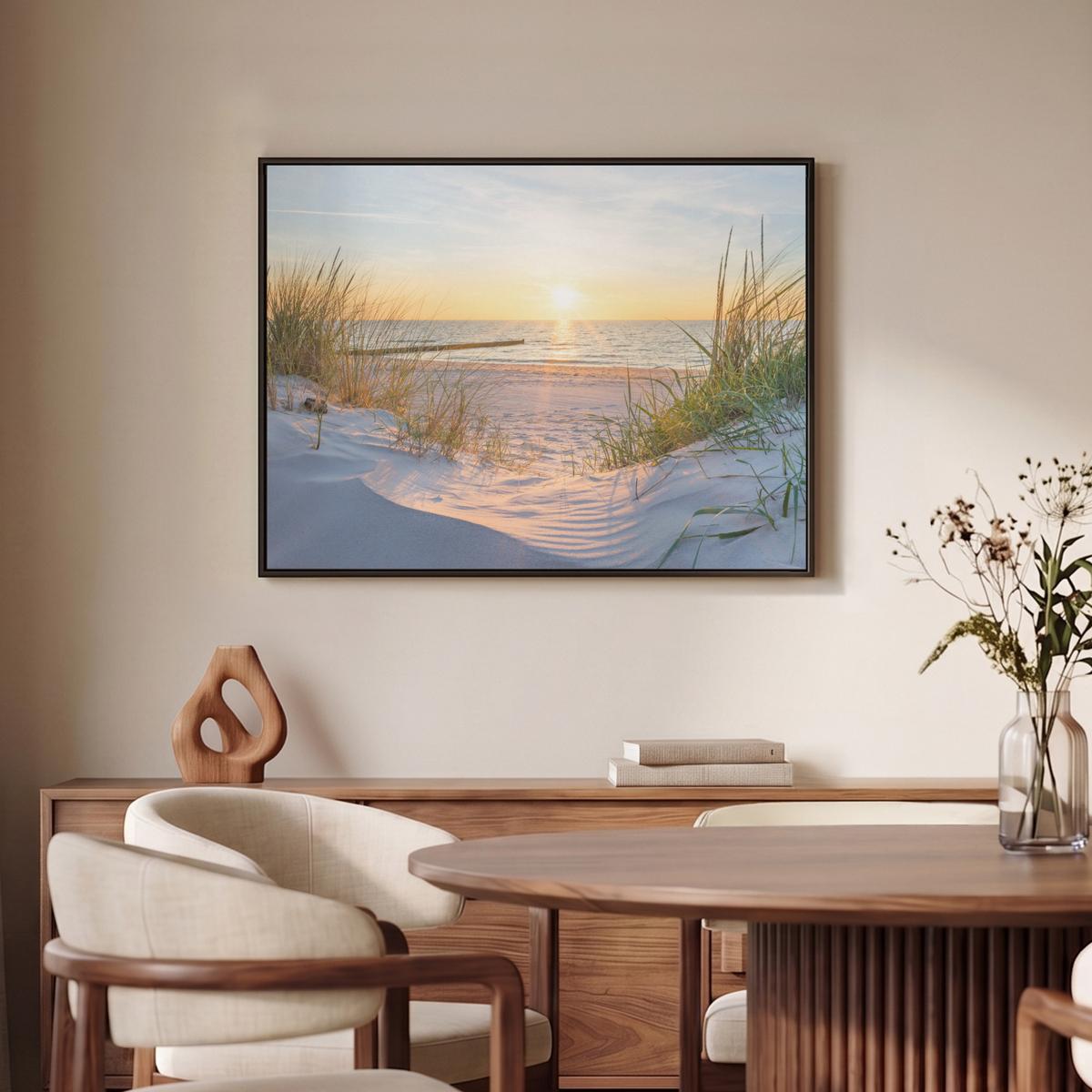 LEINWAND Bilder mit Rahmen - Strand - Sonne - Düne - Gras - Sand - Horizont - 80x60 - Hellblau, Textil (80/60cm) - MuchoWow