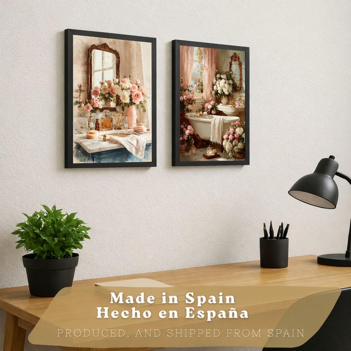 POSTER 2er-Set dekorative Badezimmerdrucke, romantischer Vintage-Stil, Bilder mit Rosen, Spiegel und Badewanne, elegante, Wohndekoration Rahmenlos A4 - Klar, Papier (29.7/21/3cm) - Nacnic