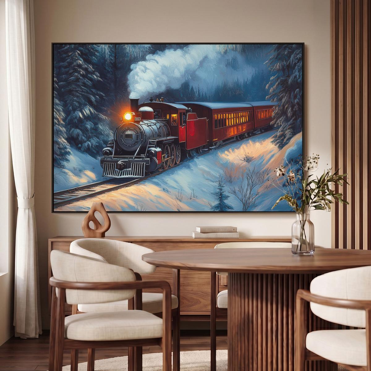 LEINWAND Bilder mit Rahmen - Zug - Weihnachten - Schnee - Weihnachtszug - 120x80 - Anthrazit, Textil (120/80cm) - MuchoWow