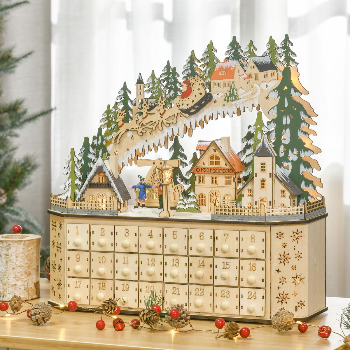 ADVENTSKALENDER Weihnachtskalender 24 Schubladen mit LED-Lichtern MDF Naturholz - Naturfarben, Kunststoff (13/43/45cm) - HOMCOM