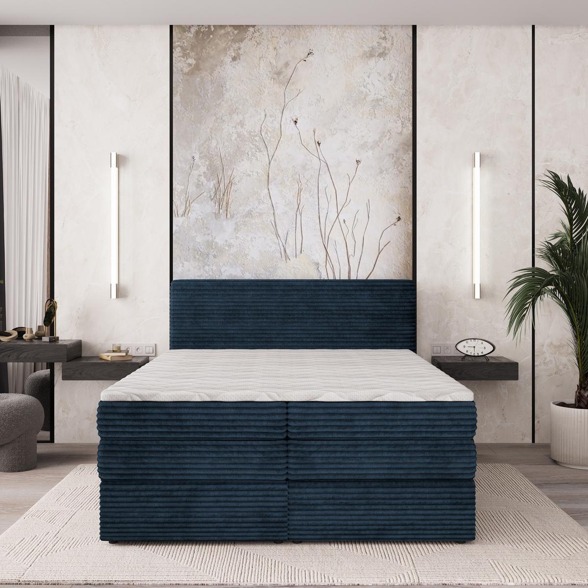 BOXSPRINGBETT LUNERA 140x200 cm mit Matratze und Topper - Blau - Blau, Holz (140/200cm) - MASSENO