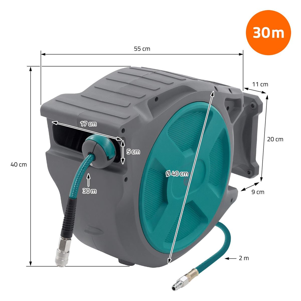 DRUCKLUFTSCHLAUCHTROMMEL 30m+2m - Grau, Kunststoff (20/40/55cm) - ECD-Germany