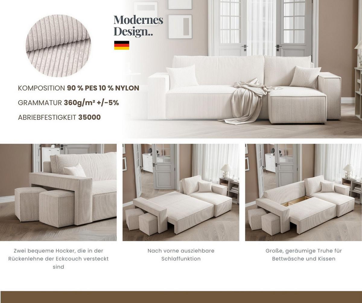 ECKSOFA PARIS mit Schlaffunktion und Bettkasten Creme - Ecru, Kunststoff/Textil (262/145cm) - Idohome