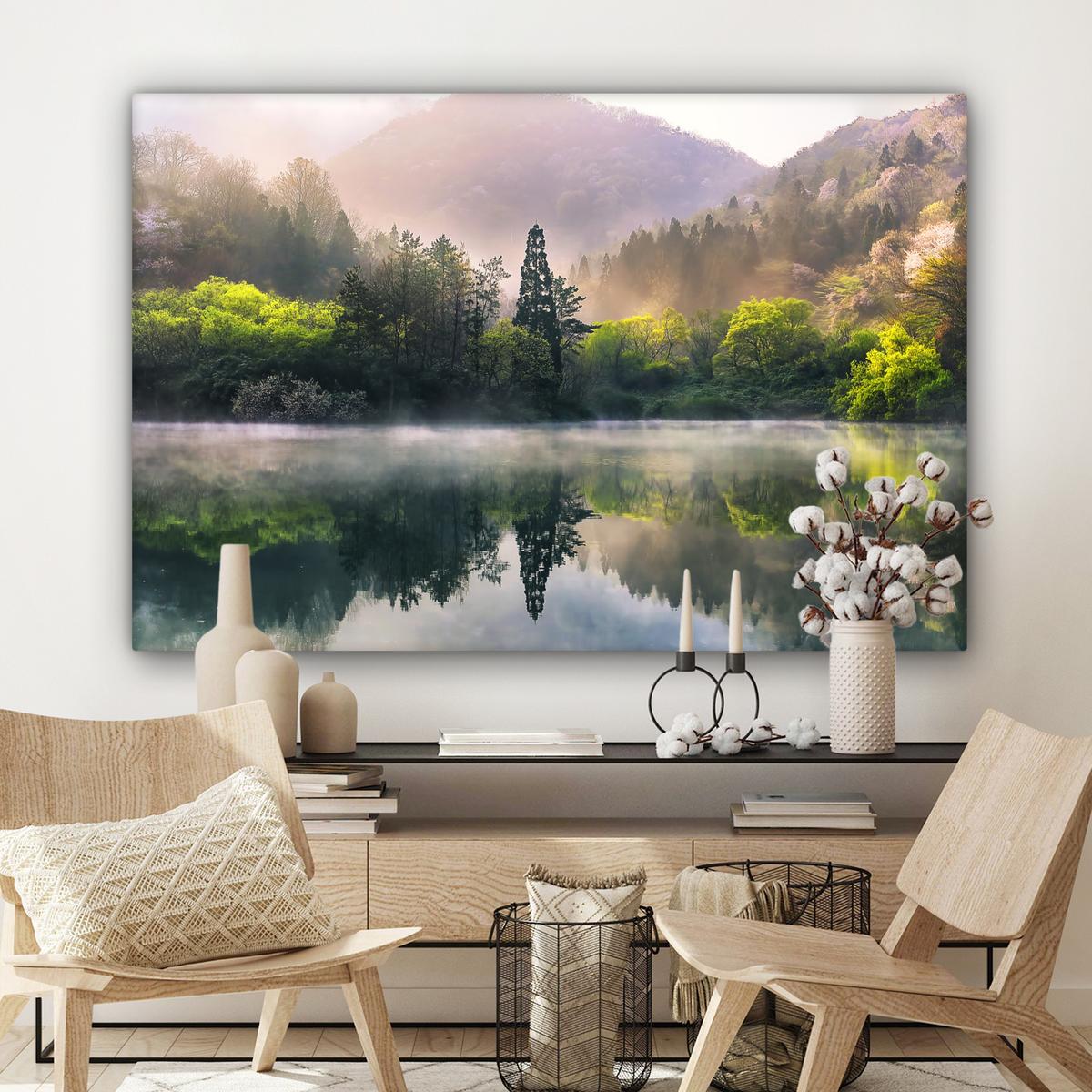 LEINWANDBILD Natur - Bäume - Berge - See - Wasser Groß 140x90 cm - Hellgrün, Textil (140/90cm) - MuchoWow
