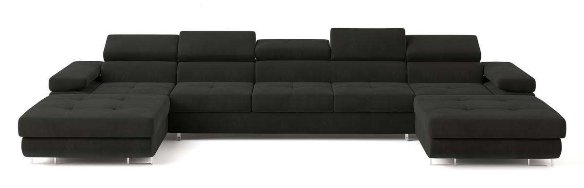 WOHNLANDSCHAFT OMBRA Schwarz Velours-Stoff mit Schlaffunktion - Schwarz, Holz (425/90/202cm) - MASSENO