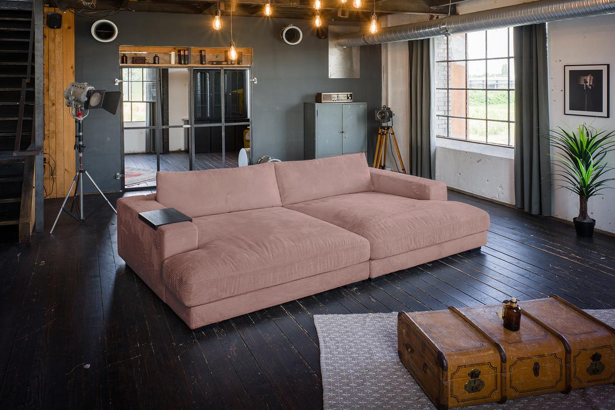 BIG SOFA XL MIT TABLETT MADELINE Pink Cord - Pink/Schwarz, Kunststoff/Textil (290/85/190cm) - KAWOLA