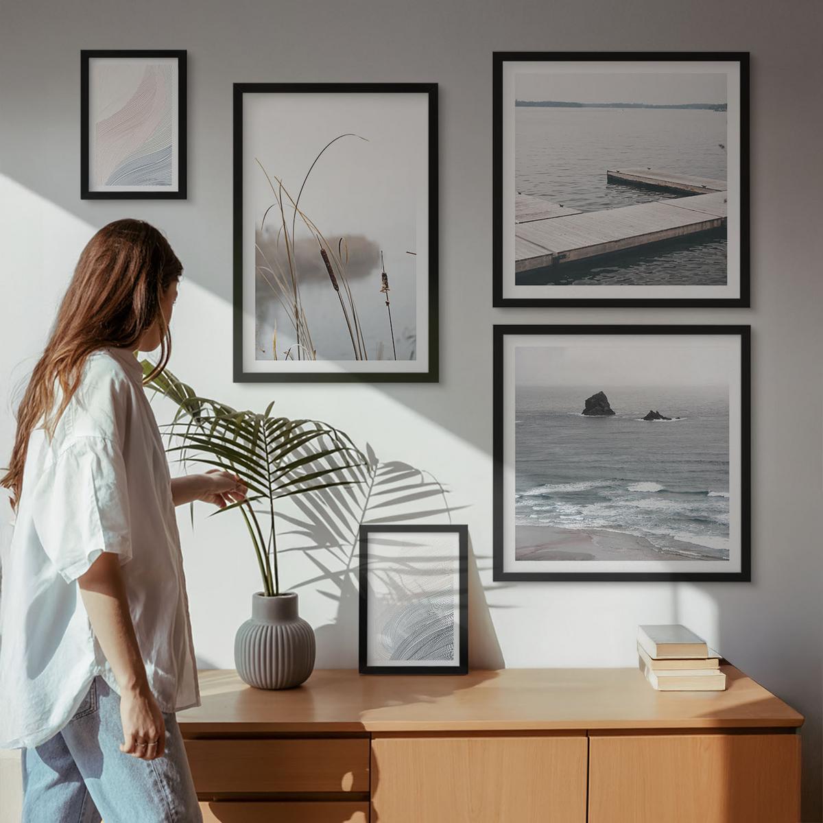 BILDER SET 5er Set - 50x50 cm & 20x30 cm & 40x60 cm Schwarzer Rahmen - Abstrakte Pastellwellen - Schwarz, Kunststoff (40/60cm) - TULUP