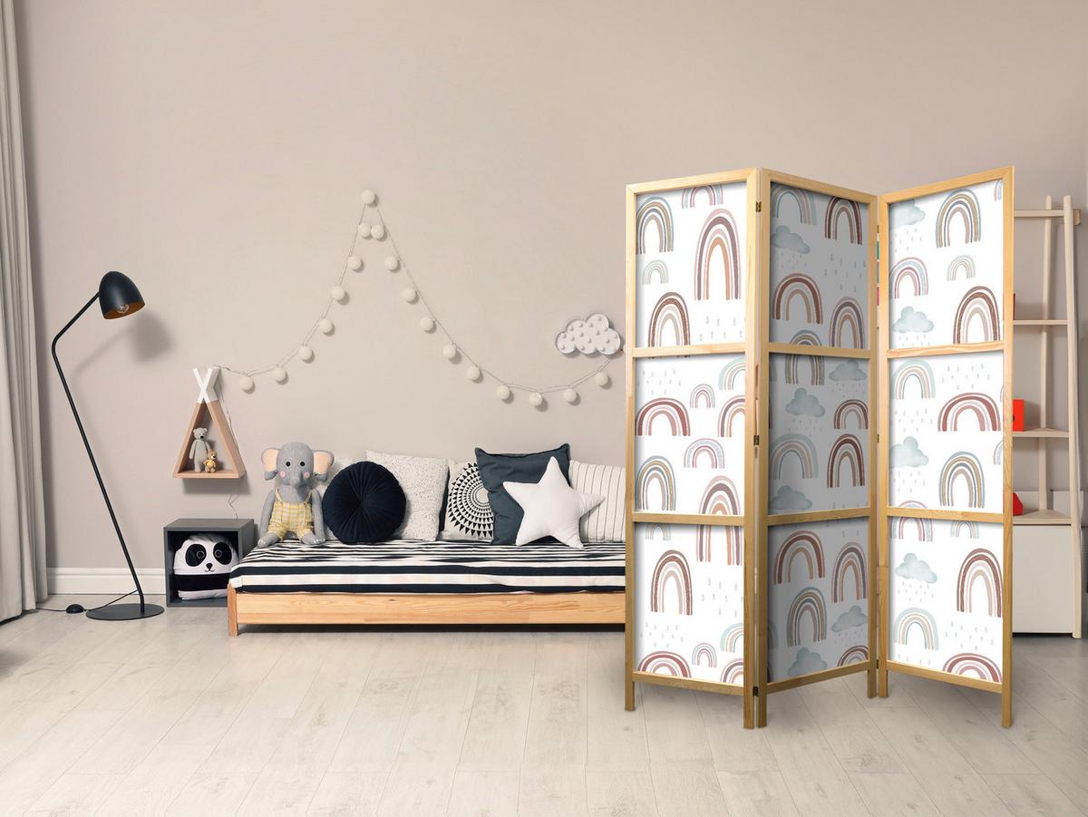 PARAVENT Japanischer 3-tlg 135x172 cm Regenb gen und Wolken - Multicolor, Holz/Textil (135/172/3cm) - Muralo