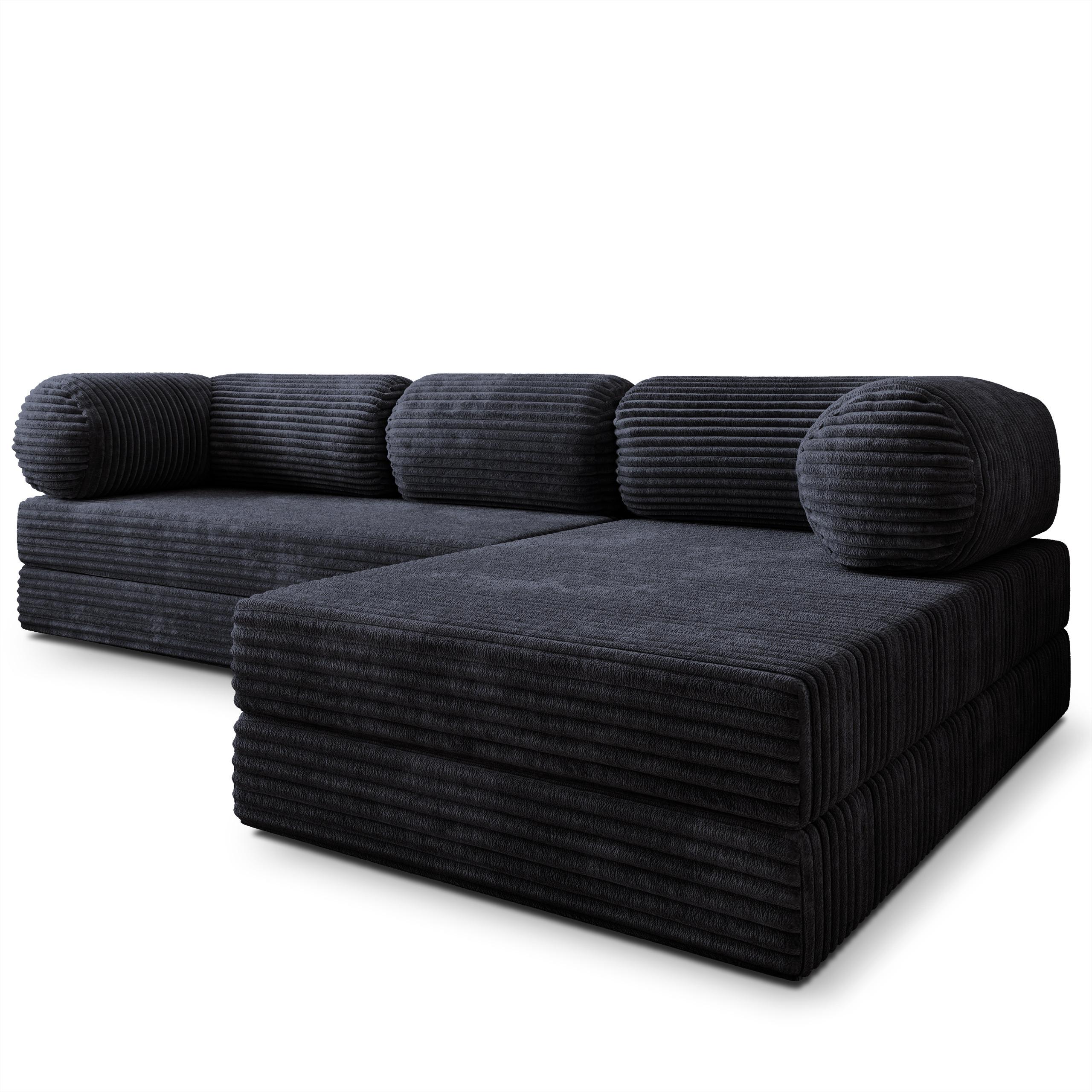 ECKSOFA ETERA modulares Boneless Sofa mit Schlaffunktion Schwarz Kordstoff - Schwarz, Textil (270/160cm) - MASSENO