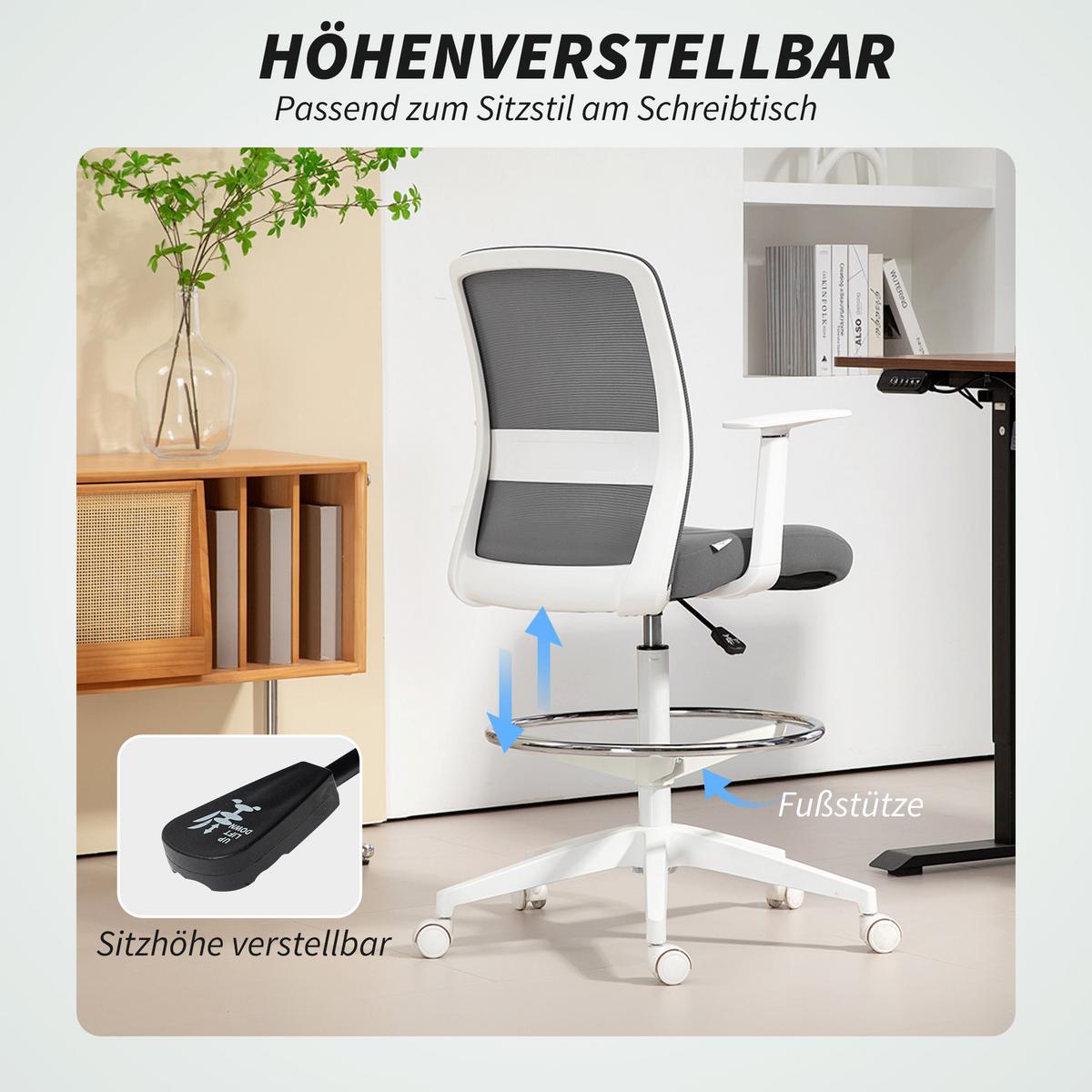BÜROSTUHL Ergonomischer Schreibtischstuhl mit Armlehne, Fußring, Grau - Grau, Textil (57.5/121/61.5cm) - HOMCOM