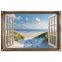 GARTENPOSTER Aussicht - Strand - Fenster - Dünen - Meer Gartendeko 90x60 cm - Hellblau, Kunststoff (90/60/0.2cm) - OnlyWow