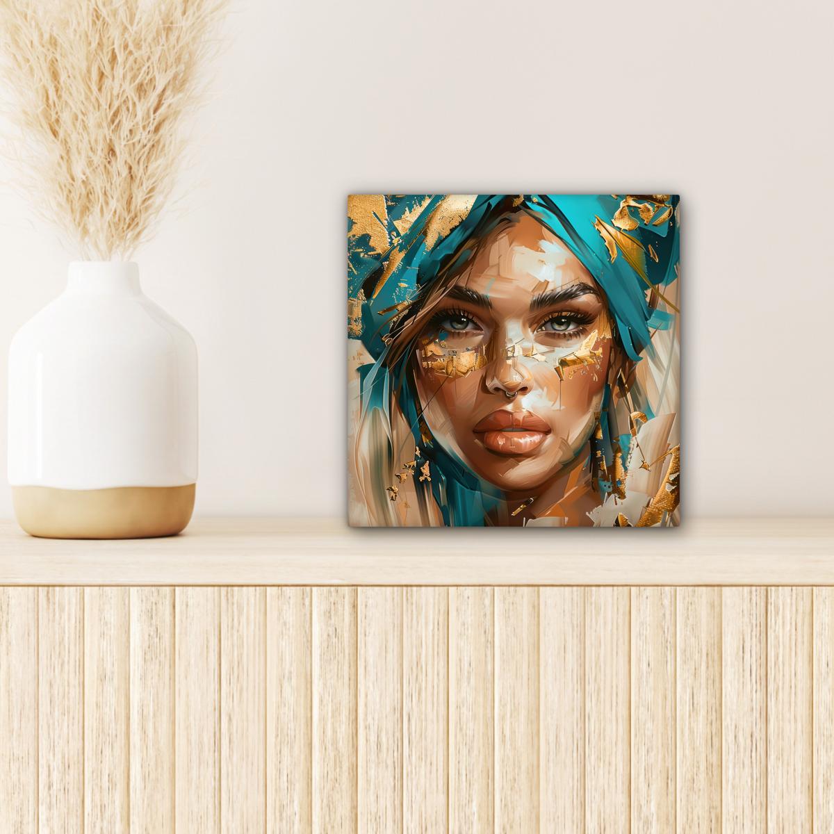LEINWANDBILD Frau - Porträt - Gold - Luxus - Blau Deko Wohnzimmer 20x20 cm - Türkis, Textil (20/20cm) - MuchoWow