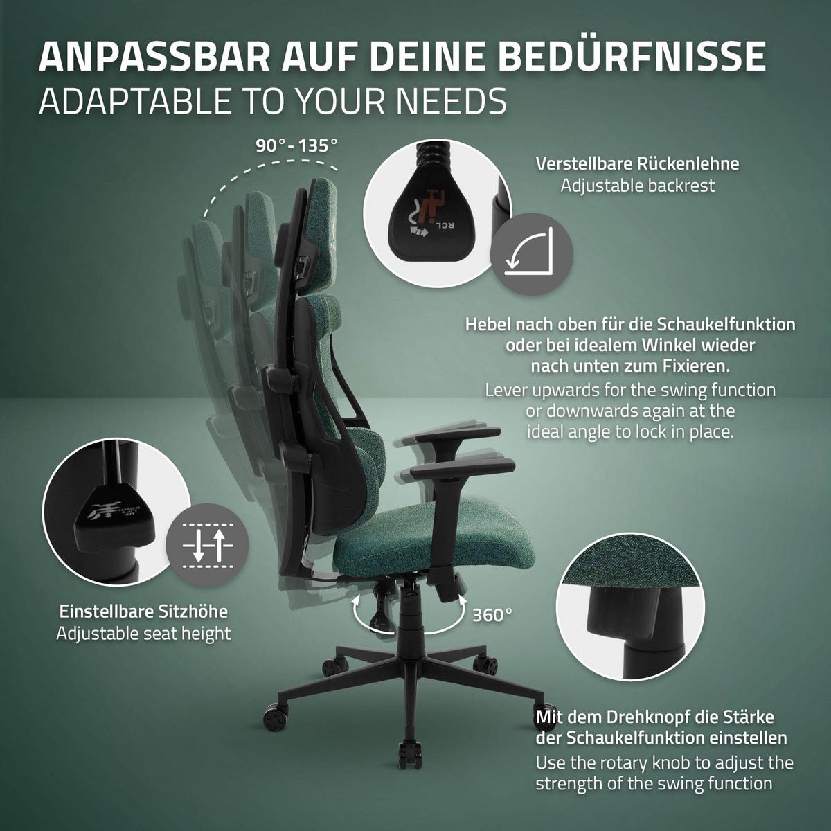 GAMINGSTUHL mit Stoffbezug in Grün Individuell Einstellbar - Schwarz/Grün, Kunststoff/Textil (69/142/68cm) - ML-DESIGN