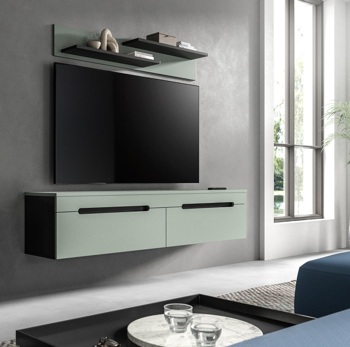 WOHNKOMBINATION Salbei grün, grau, 2er Set Lowboard 170 cm und Wandboard - Salbeigrün/Schwarz, Holzwerkstoff/Kunststoff (170/180/33cm) - Inn.Furn
