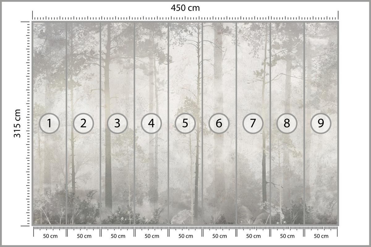 FOTOTAPETE für Wohnzimmer Nebliger Wald Vintage Bäume 450x315 - Beige/Grau, Papier (450/315cm) - Muralo