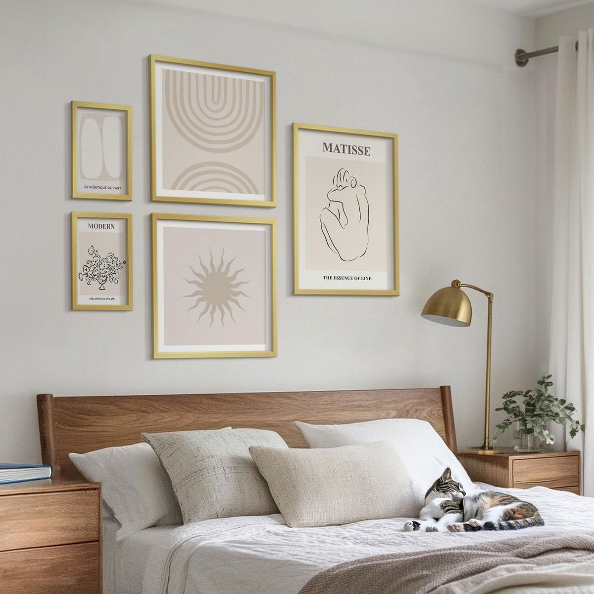 BILDER SET 5er Set - 50x50 cm & 20x30 cm & 40x60 cm Goldrahmen - Stilvolle minimalistische Linien - Goldfarben, Kunststoff (40/60cm) - TULUP