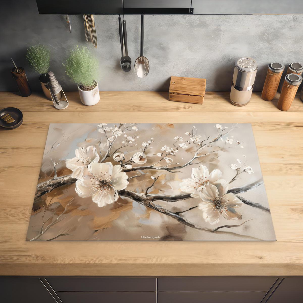 HERDABDECKPLATTE Blumen - Abstrakt - Gemalt - Beige Ceranfeldabdeckung 78x52 cm - Kaschmir, Kunststoff (78/52/0.2cm) - MuchoWow