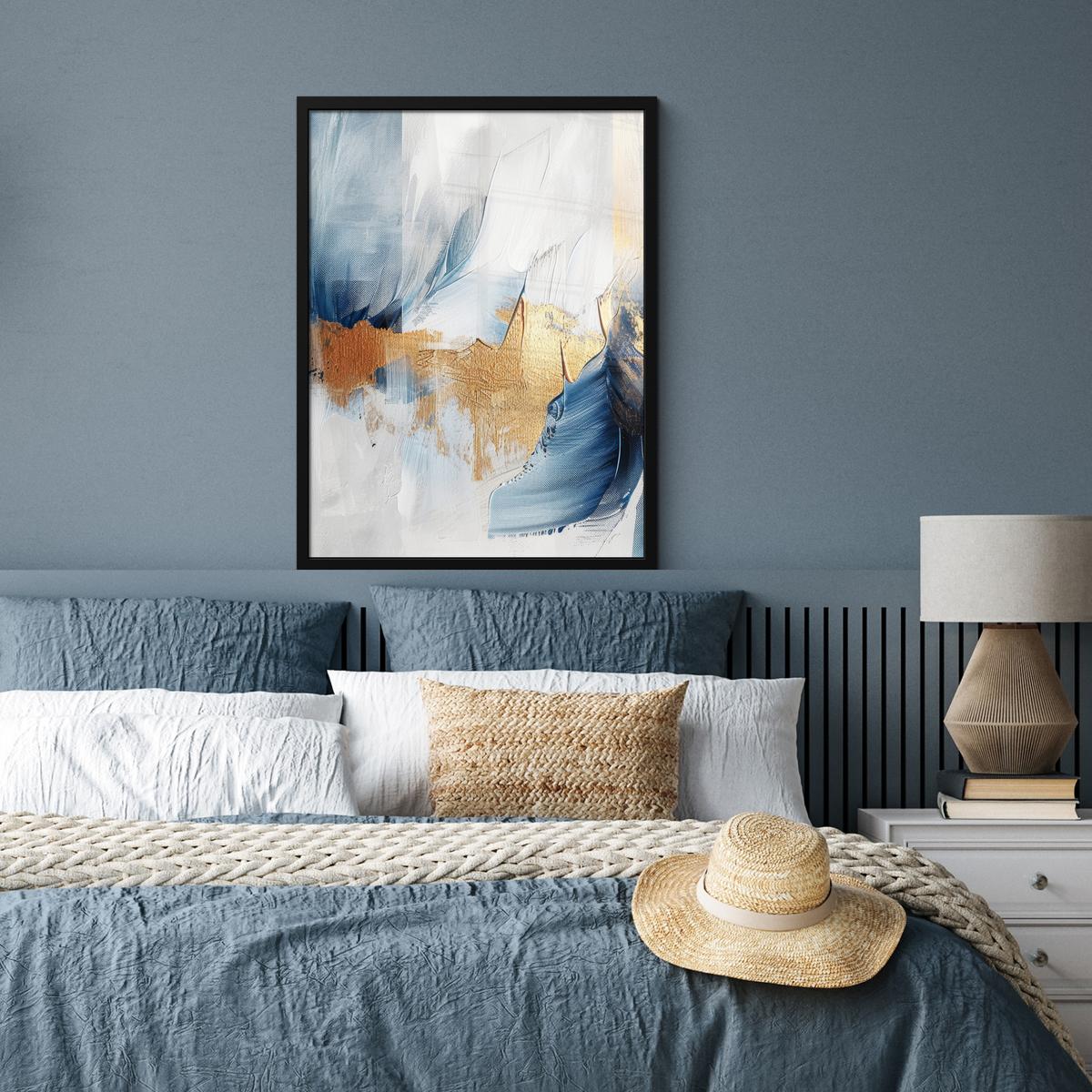 POSTER MIT RAHMEN Gold - Blau - Aquarell - Kunst - Modern Posterleiste 60x80 cm - Hellblau, Papier (60/80cm) - MuchoWow
