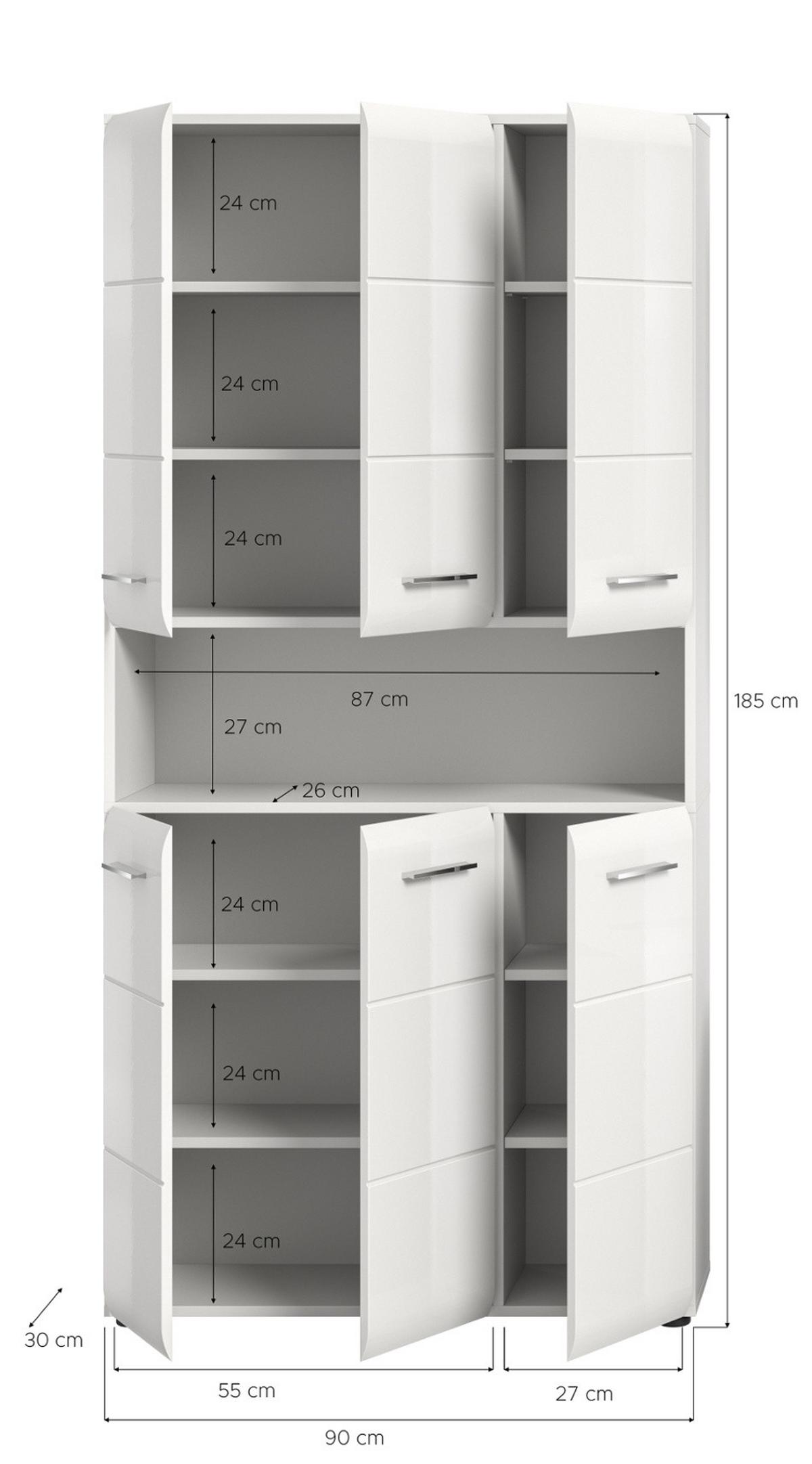 HOCHSCHRANK weiß Hochglanz, Mehrzweckschrank 90 cm mit 13 Fächern - Weiß Hochglanz/Silberfarben, Holzwerkstoff/Kunststoff (90/185/30cm) - Inn.Furn