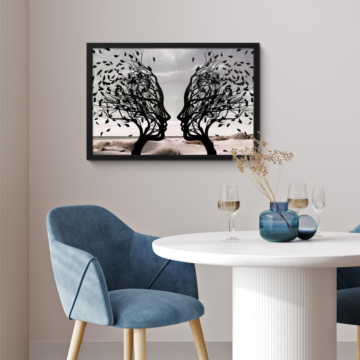 POSTER MIT RAHMENGERAHMTES BILD Strand - Meer - Menschen - Baum - Moderne Kunst 60x40 cm - Hellgrau, Papier (60/40cm) - MuchoWow