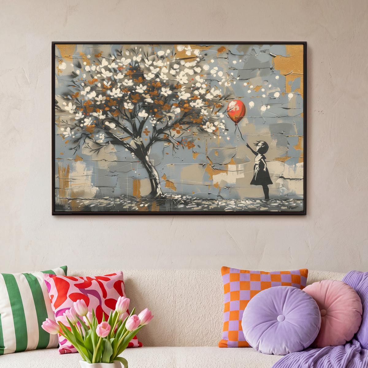 LEINWAND Bilder mit Rahmen - Baum - Graffiti - Banksy-Stil - Ballon-Mädchen - 90x60 - Blaugrau, Textil (90/60cm) - MuchoWow