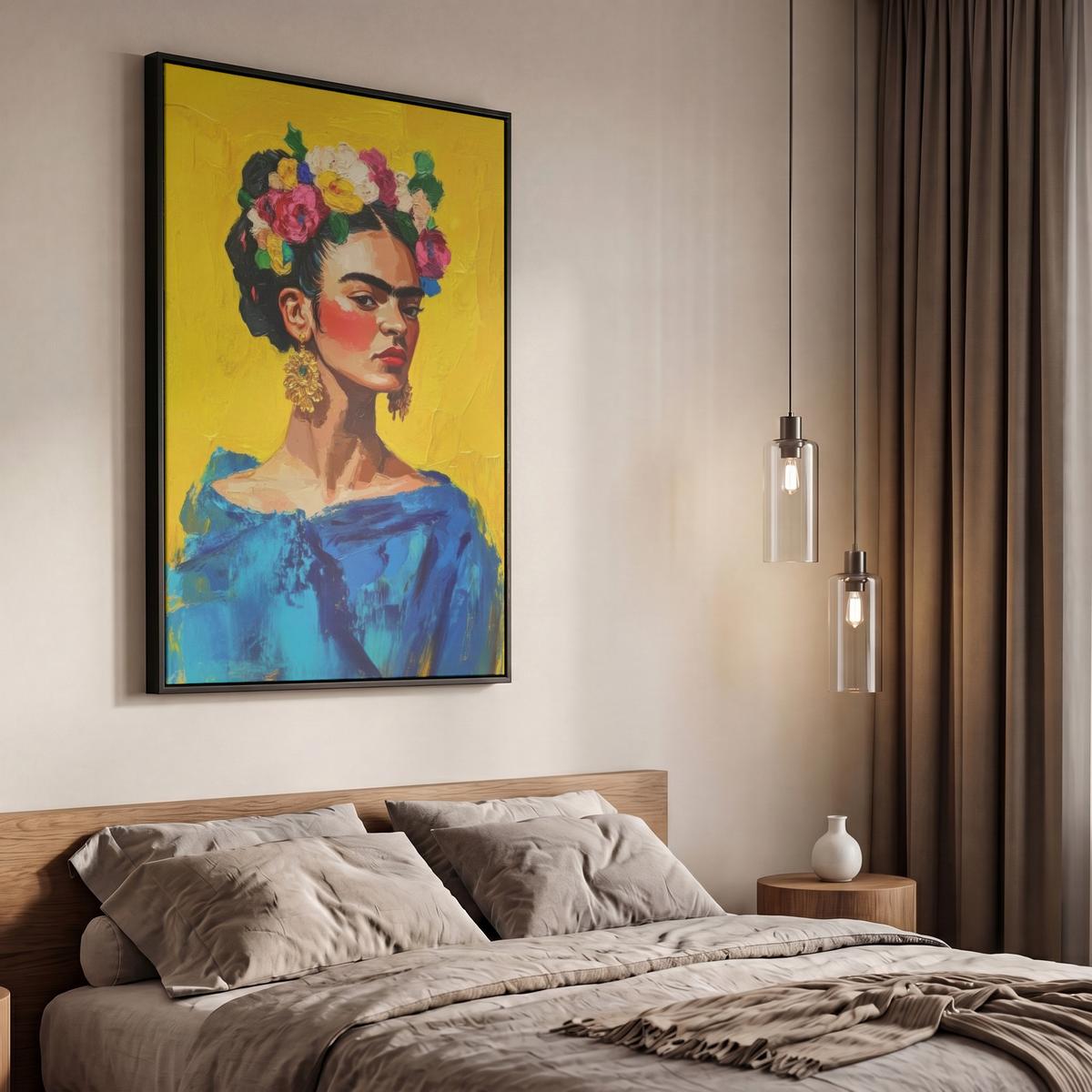 LEINWAND Bilder mit Rahmen - Frida Kahlo - Frau - Gelb - Blau - Blumen - 60x90 - Gelb, Textil (60/90cm) - MuchoWow