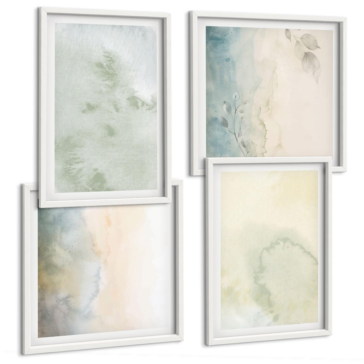 BILDER SET 4er Set - 50x50 cm & 40x60 cm Weißer Rahmen - Pastellfarbene Aquarell-Leinwandtextur - Weiß, Kunststoff (50/50cm) - TULUP