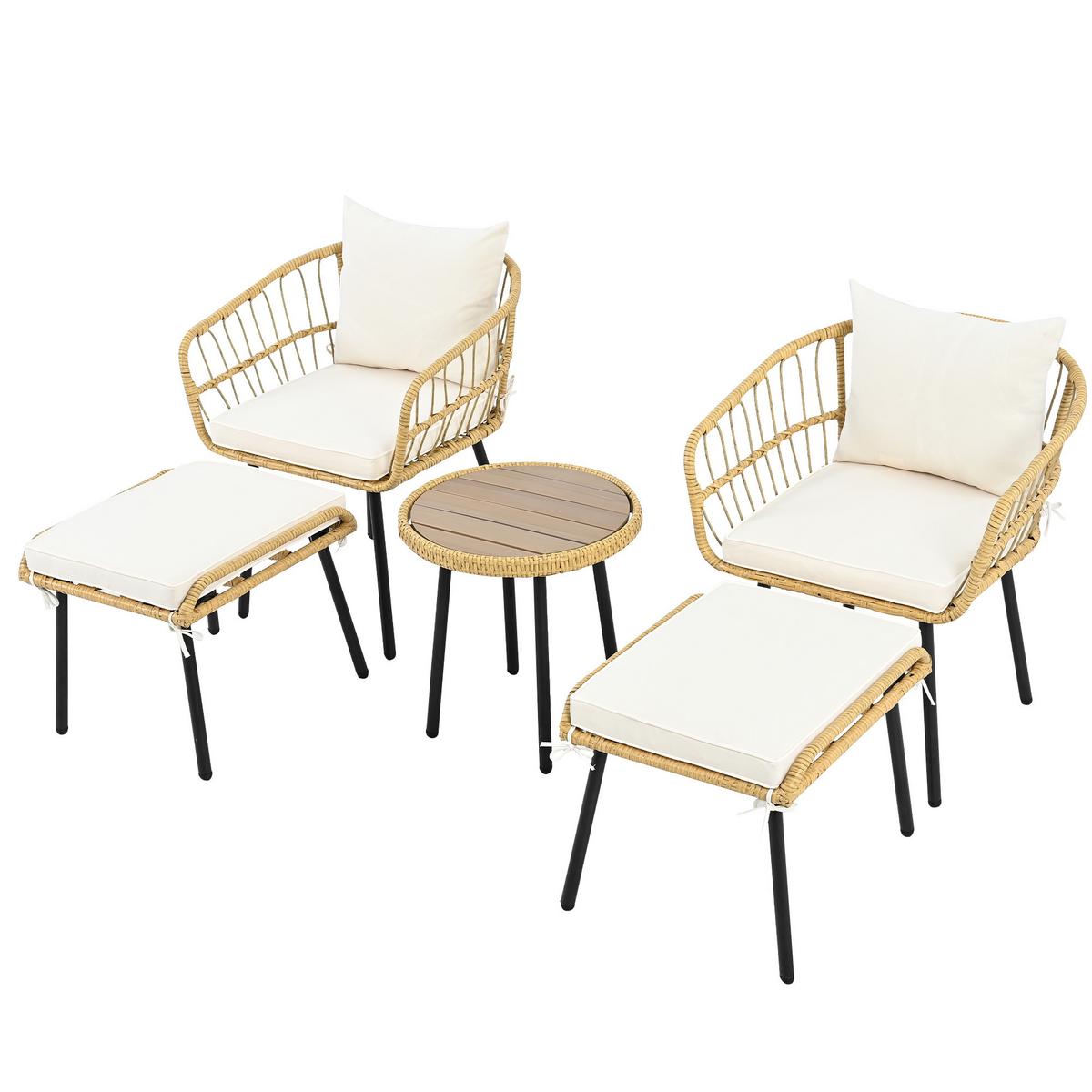 LOUNGEGARNITUR 5-tlg. Rattan Natur & Weiß Balkonmöbel mit Tisch, 2 Stühlen & 2 Hockern - Naturfarben, Textil - Urban Meuble