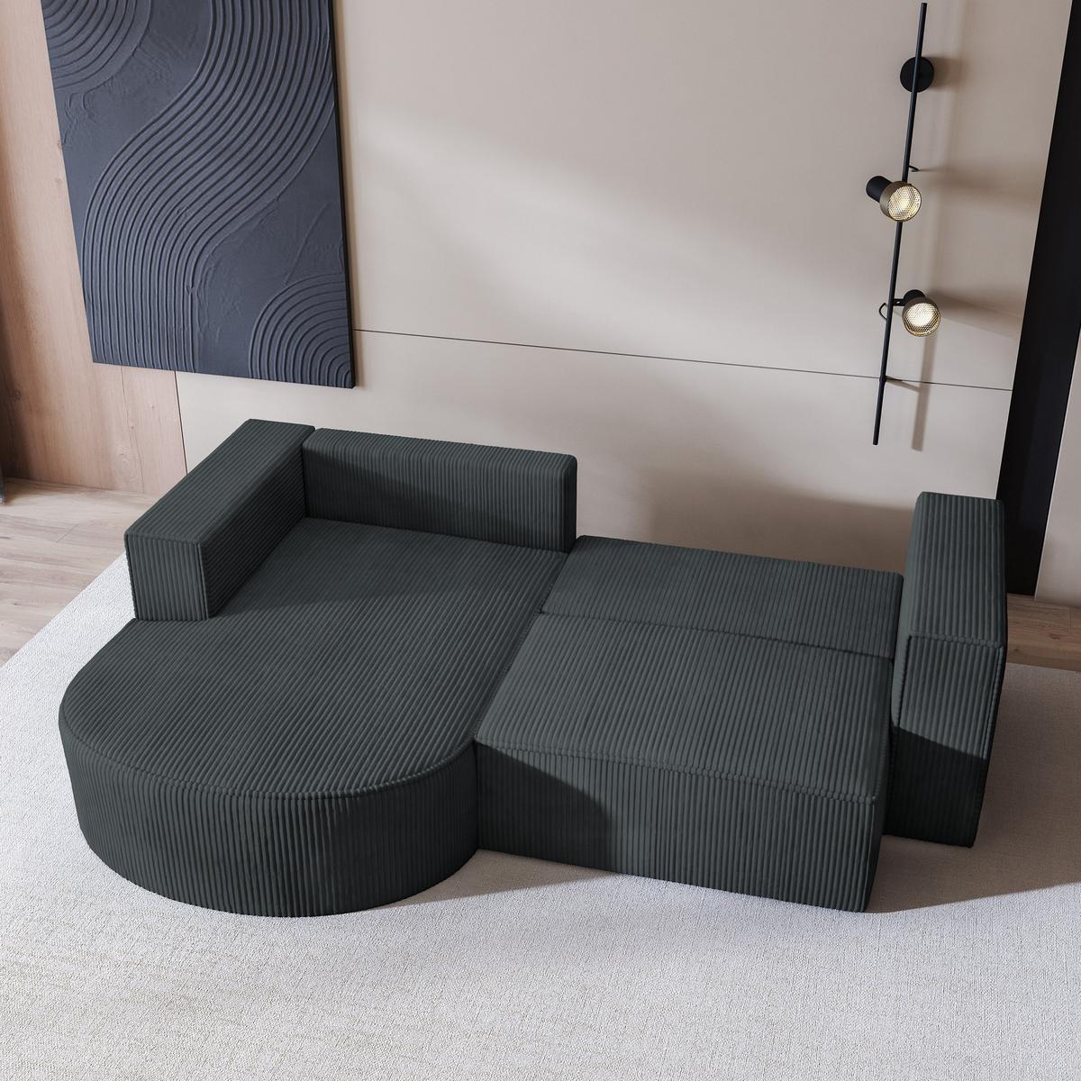 ECKSOFA SORELA P L-S Graphitfarben Kordstoff mit Schlaffunktion - Graphitfarben, Holz (263/174cm) - MASSENO
