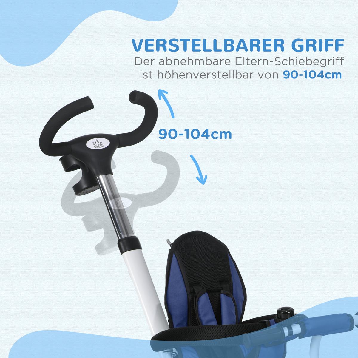 6 in 1 Dreirad mit Schubstange, Kinderdreirad mit Sicherheitsgurt, Sonnendach - Blau, Metall (112/50/104cm) - HOMCOM