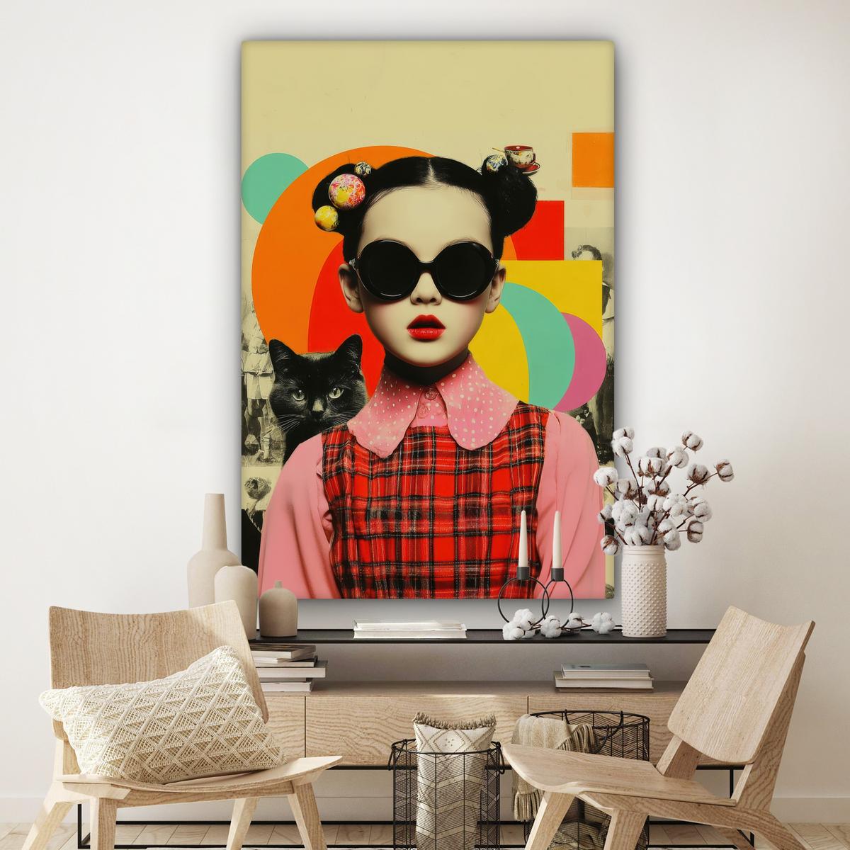 LEINWANDBILD Mädchen - Sonnenbrille - Katze - Retro Deko Groß 90x140 cm - Beige, Textil (90/140cm) - MuchoWow