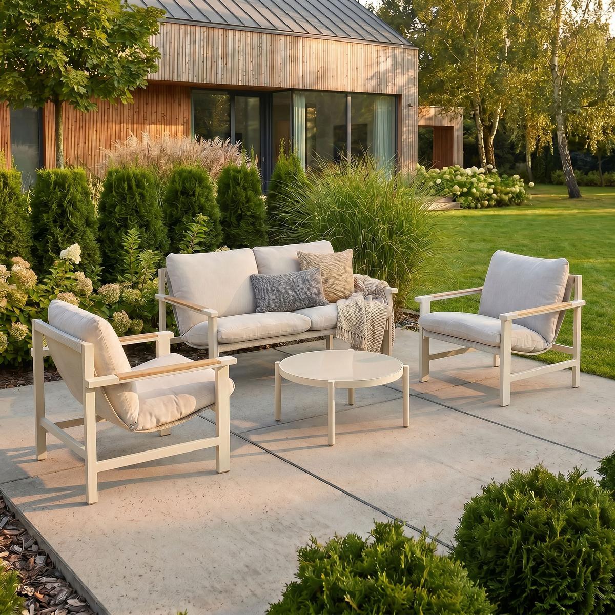 GARTENSET Aspen aus Metall, 2 Sessel + 2-Sitzer Sofa + Couchtisch, Beige - Beige, Metall - Beautysofa