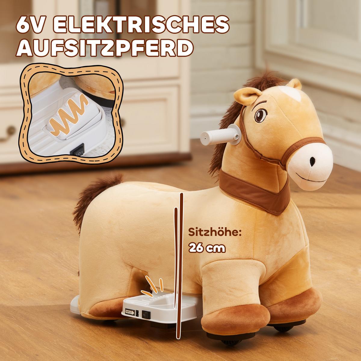 6V Kinder Elektroauto in Pferdform, 2 km/h Kinderfahrzeug mit Musik, Braun - Braun, Kunststoff (69/34/53cm) - AIYAPLAY