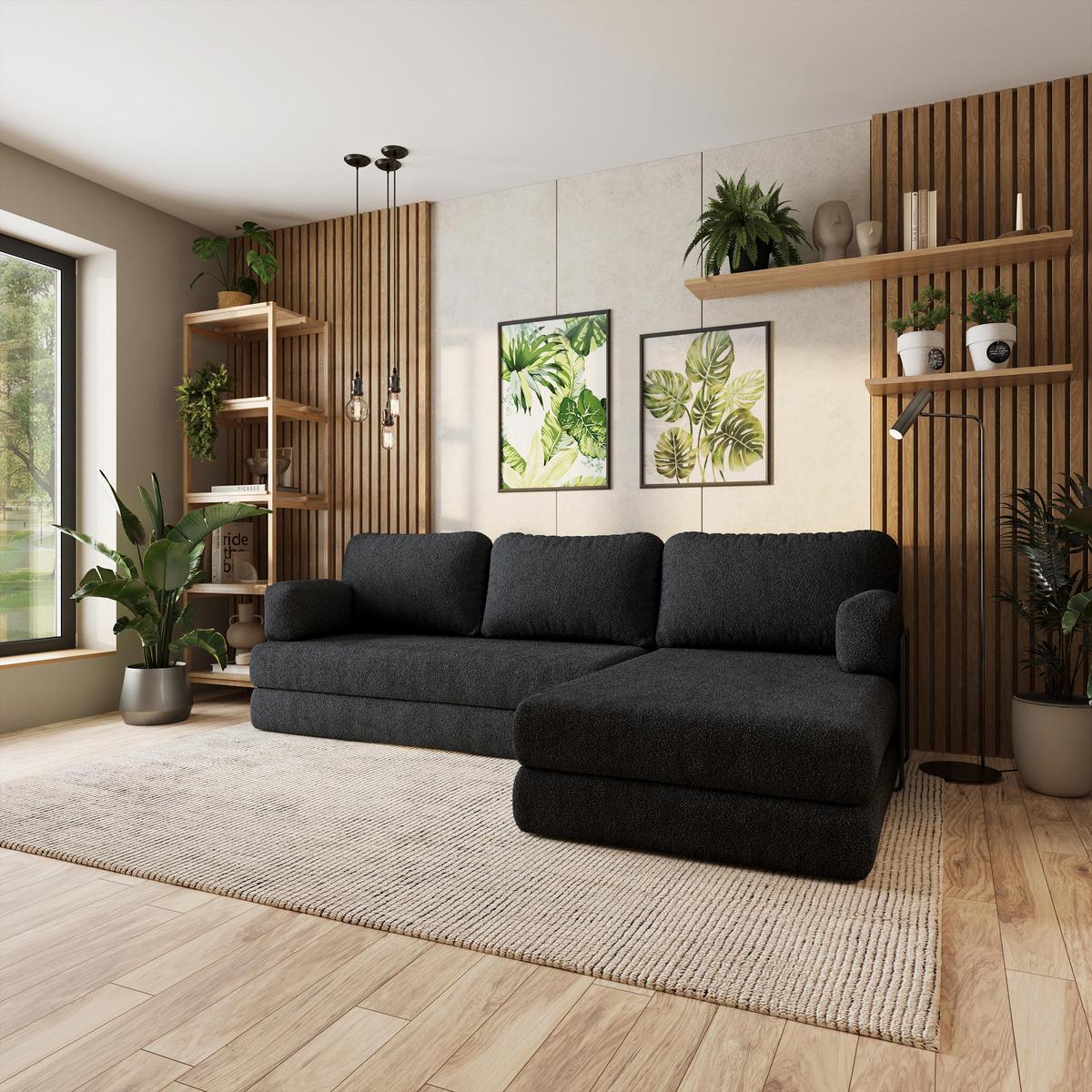 ECKSOFA LEA modulares Boneless Sofa mit Schlaffunktion Schwarz Boucle-Stoff - Schwarz, Textil (270/160cm) - MASSENO
