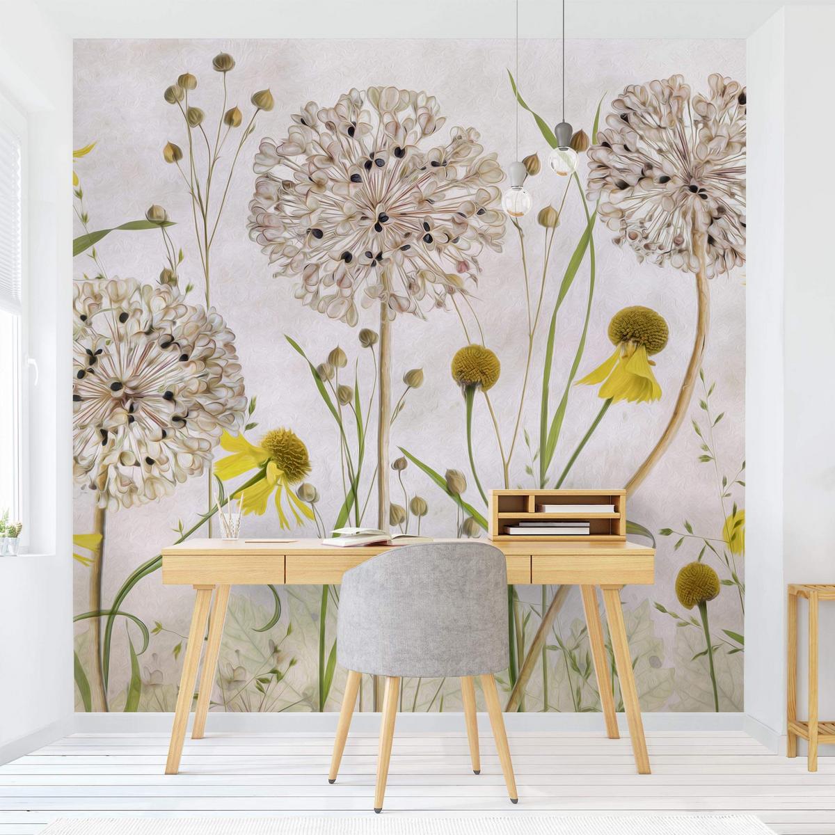 FOTOTAPETE Allium und Helenium Illustration 192/192 cm - Eichefarben, Papier (192/192cm) - Bilderwelten